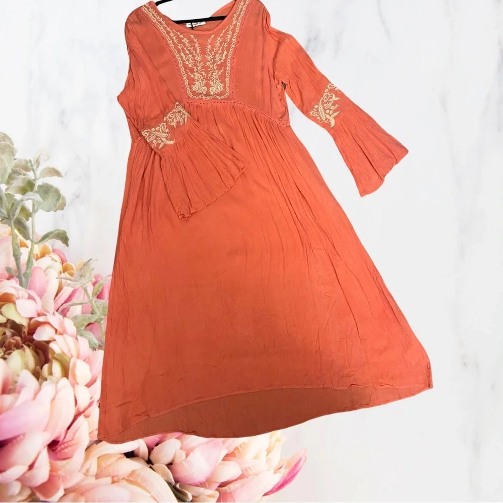 Glamorous Curve Boho Embroidered Bell-Sleeve Dress Orange White Rayon Sz 14 - Picture 7 of 14